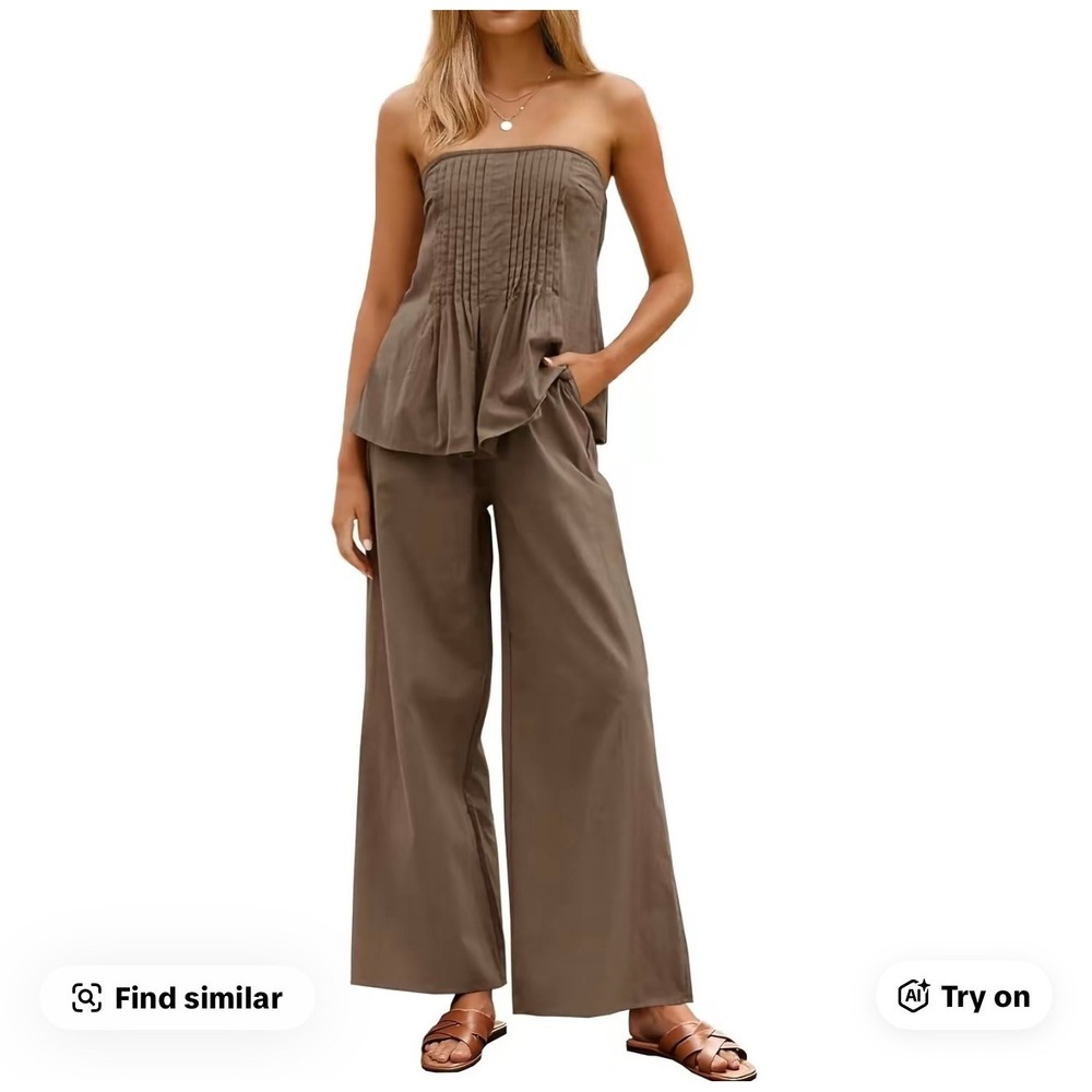 Taupe Strapless Pleated Peplum Tube Top and Wide Leg Pants Two Piece Set M